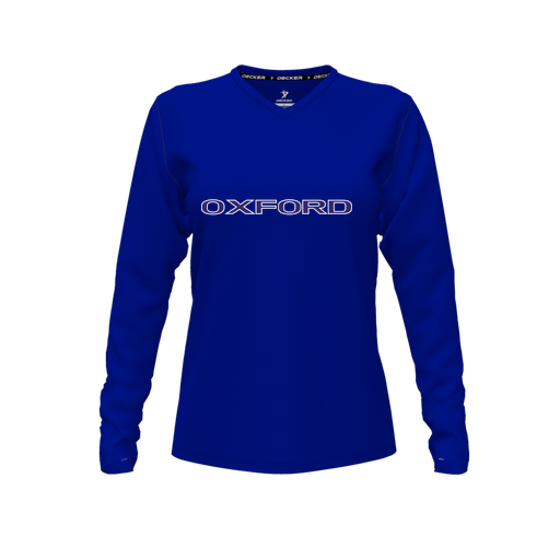 [CUS-DFW-TEES-CMF-VNK-LSL-RYL-FYXS-LOGO3] Decker Comfort T-Shirt (Female Youth XS, Royal, V Neck, Logo 3, Long Sleeve)